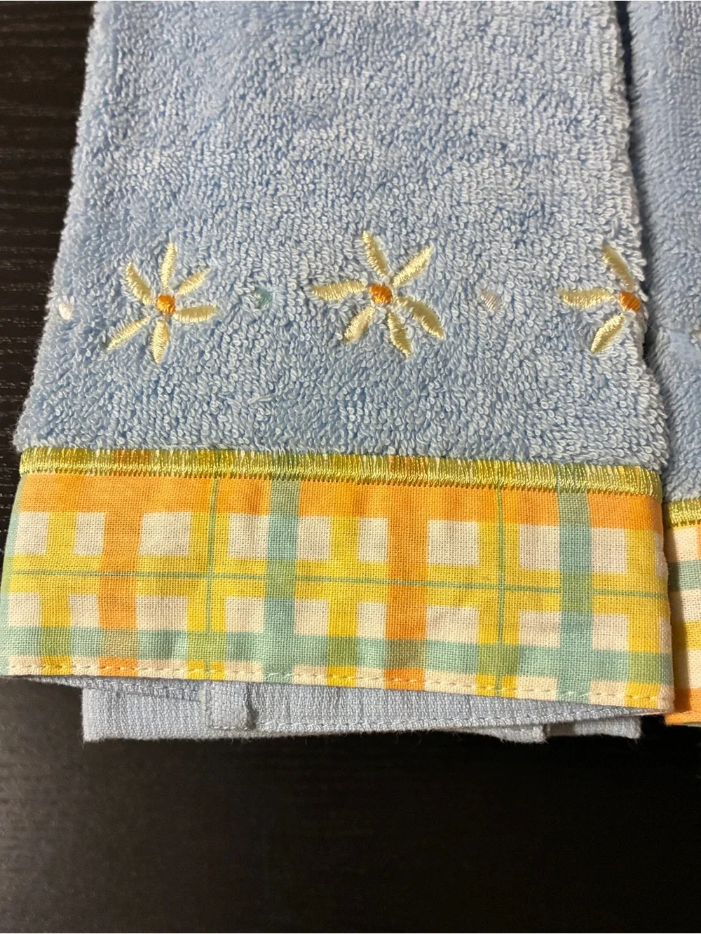 Vintage Towel Embroidered Pair Terry Cloth Flowers Plaid Border Hand Towel